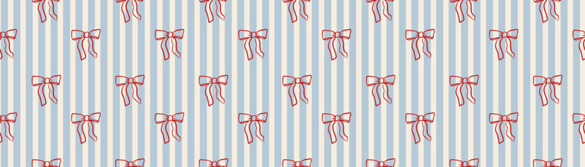 Seamless pattern with hand-drawn red bows on soft blue and white vertical stripes, creating a cute festive decorative background