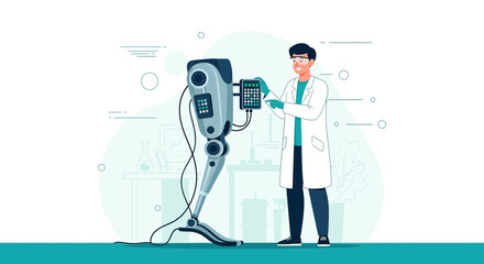 Innovative bionic limb research and development with scientist working on robotic leg prototype