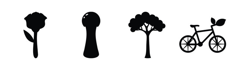Nature and environment silhouettes set: rose, mushroom, tree, bike.