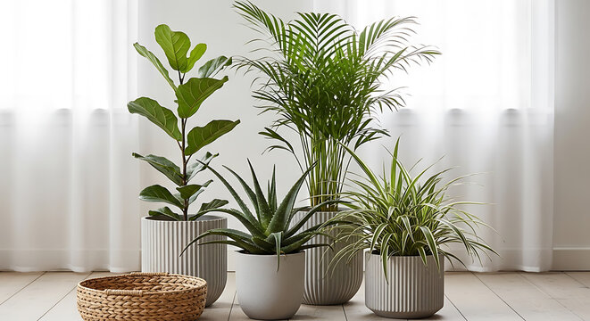 Group of potted indoor plants including fiddle leaf fig, aloe vera, spider plant, and areca palm sitting on a wood floor near white curtains.