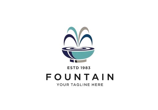 Stylized Fountain Logo with Flowing Blue Streams and Classic Branding