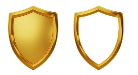 A set of two golden shields in PNG format on a transparent background. A collection of security shield icons.