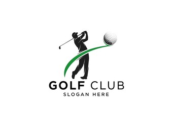 Dynamic Golf Club Logo with Swing Silhouette and Ball Trajectory