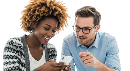 A smiling black woman and a caucasian man looking at a smartphone together, isolated on transparent background