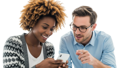 A smiling black woman and a caucasian man looking at a smartphone together, isolated on transparent background