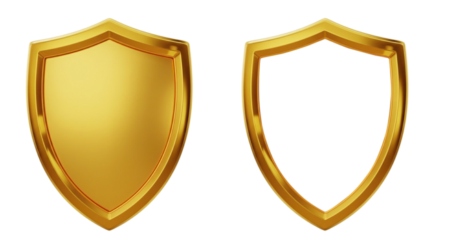 A set of two golden shields in PNG format on a transparent background. A collection of security shield icons.