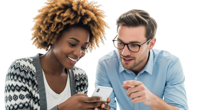 A smiling black woman and a caucasian man looking at a smartphone together, isolated on transparent background