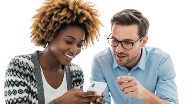 A smiling black woman and a caucasian man looking at a smartphone together, isolated on transparent background