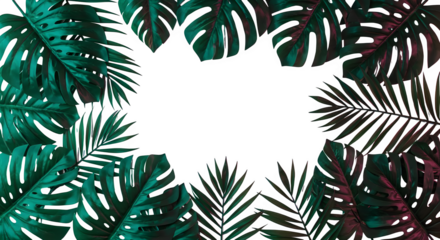 Tropical leaves frame with monstera and palm leaves on a black background in vibrant green and pink light