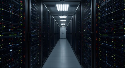 Data Center Server Racks in Long Illuminated Corridor
