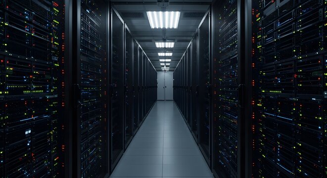 Data Center Server Racks in Long Illuminated Corridor