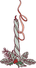 Happy New Year! Merry Christmas! A composition of isolated elements (illustrations) on the theme of the winter holidays in a vintage color scheme. Digital illustration with outline.