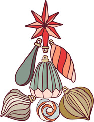 Happy New Year! Merry Christmas! A composition of isolated elements (illustrations) on the theme of the winter holidays in a vintage color scheme. Digital illustration with outline.