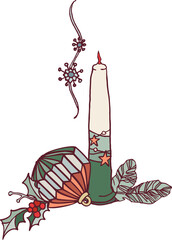 Happy New Year! Merry Christmas! A composition of isolated elements (illustrations) on the theme of the winter holidays in a vintage color scheme. Digital illustration with outline.