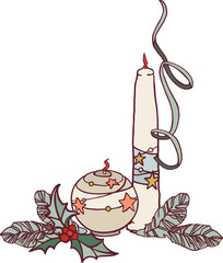 Happy New Year! Merry Christmas! A composition of isolated elements (illustrations) on the theme of the winter holidays in a vintage color scheme. Digital illustration with outline.