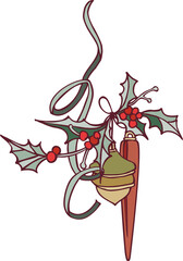 Happy New Year! Merry Christmas! A composition of isolated elements (illustrations) on the theme of the winter holidays in a vintage color scheme. Digital illustration with outline.