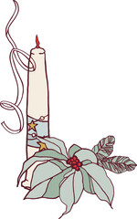 Happy New Year! Merry Christmas! A composition of isolated elements (illustrations) on the theme of the winter holidays in a vintage color scheme. Digital illustration with outline.