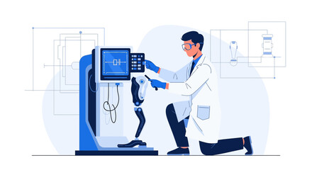 Innovative prosthetic development by a dedicated medical engineer in a futuristic laboratory