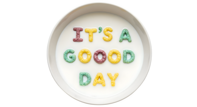 Cereal letters spelling out it's a good day in a bowl of milk on a white background overhead view
