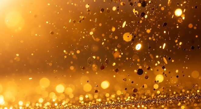 Abstract golden glittering particles falling and floating in warm sunlight creating a magical and festive atmosphere - Powered by Adobe