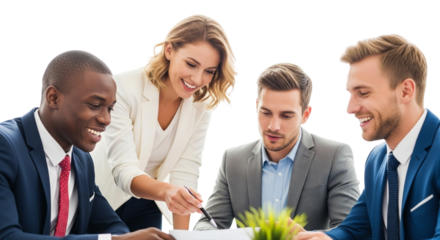 Diverse group of four business people in a meeting, smiling and collaborating around a table, isolated on transparent background