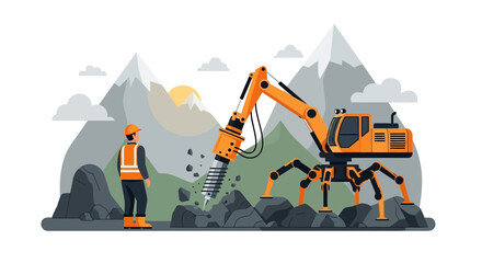 Innovative robotic jackhammer with spider-like legs drilling rocks under supervision amid mountain