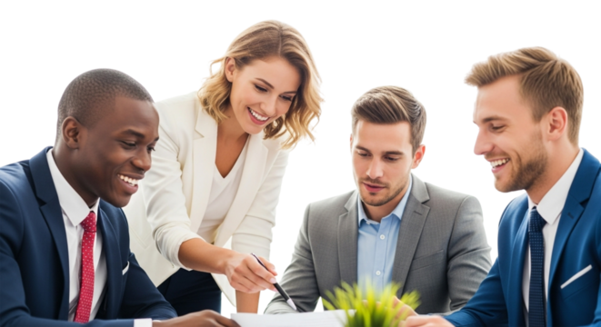 Diverse group of four business people in a meeting, smiling and collaborating around a table, isolated on transparent background