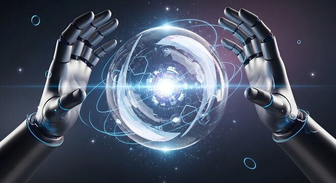 Robotic hands gently holding a glowing digital globe, representing artificial intelligence and future technology. - Powered by Adobe