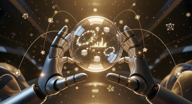 Robotic hand holding digital earth globe with network connections, artificial intelligence concept.