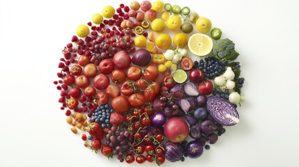 selection. Circular arrangement of fresh fruits and vegetables on a clean white background with soft shadows. menu design.