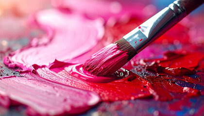 Fototapeta premium Paintbrush dipped in thick oil paint on colorful palette, rich textures of pink and red pigments