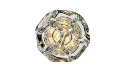 Close up of a complex clear glass sphere with internal light on a black background creating reflections