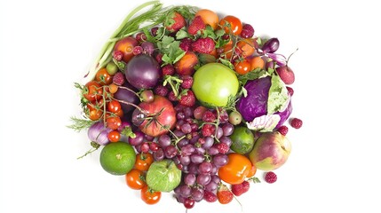 selection. Circular arrangement of fresh fruits and vegetables on a clean white background with soft shadows. menu design.