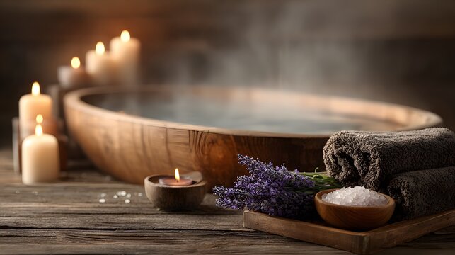 Serene spa ambiance featuring a warm bath with gentle steam rising, surrounded by glowing candles, bath salts, and a sprig of fresh lavender.