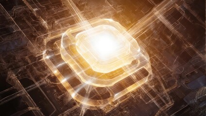 Abstract glowing energy core with intricate technological circuitry.