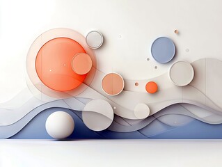 A minimalist abstract design featuring overlapping circles and wavy layered shapes in muted orange, blue, and gray tones.
