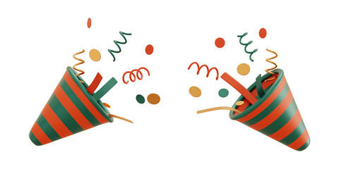Obraz premium 3D rendering of festive party poppers exploding with colorful confetti and ribbons for a celebration banner