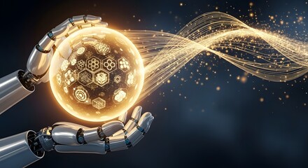 Robotic hand holding digital earth globe with network connections, artificial intelligence concept.