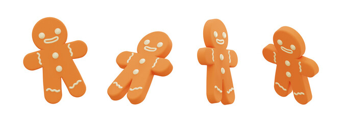 3D gingerbread man cookies set isolated on white background, festive Christmas dessert collection for holiday design and decoration