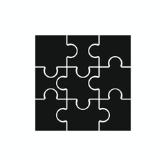 Completed nine-piece jigsaw puzzle icon. Black square graphic symbolizing strategy, teamwork, business solution, and system integration. Flat vector element