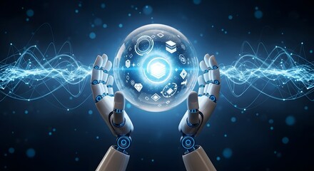 Robotic hands presenting a glowing digital globe with data network connections, future technology concept.