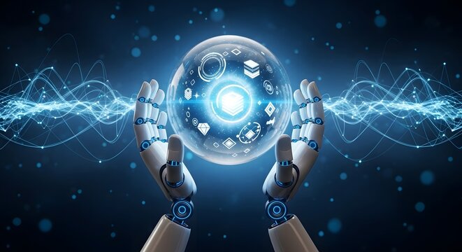 Robotic hands presenting a glowing digital globe with data network connections, future technology concept.