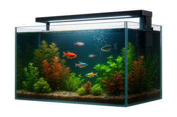 LED-lit aquarium with filtration for a serene home office environment.
