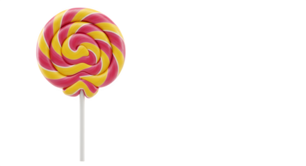 A close up of a swirled lollipop with pink and yellow stripes against a black background space