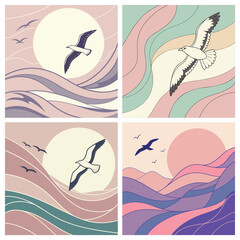 Obraz premium Four abstract artistic illustrations of seagulls flying over stylized ocean waves at sunset