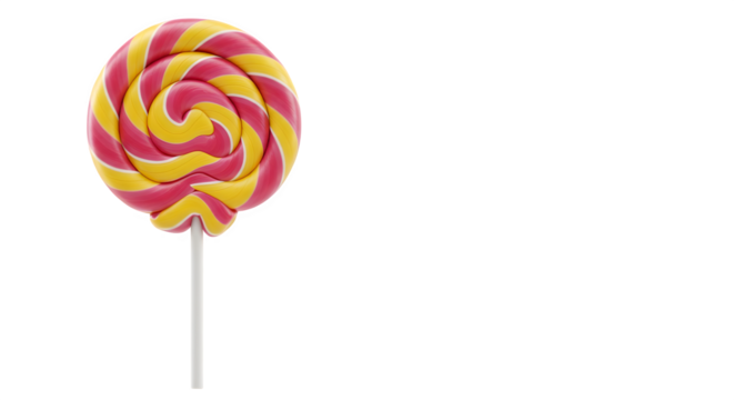 A close up of a swirled lollipop with pink and yellow stripes against a black background space