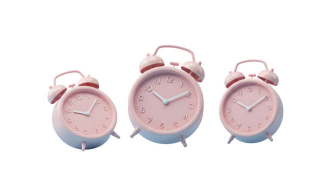 Three pink alarm clocks arranged in a row against a black background in a studio shot setting