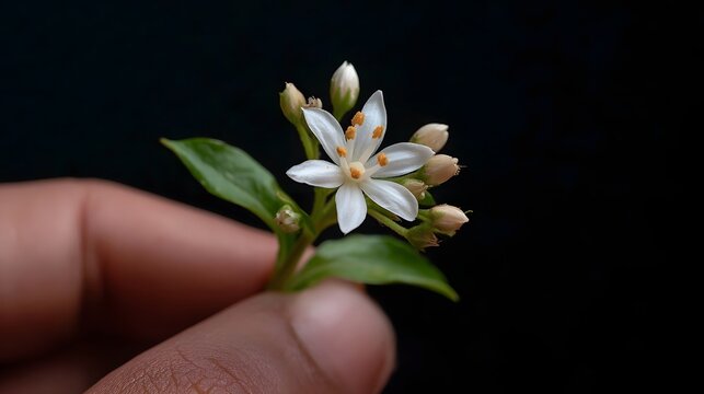 A small delicate white star flower with orange stamens and tiny buds is held by a person s hand against a dark background - Powered by Adobe