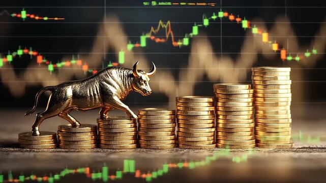 Golden bull figurine ascending stacks of coins with stock market graph in the background, symbolizing investment growth