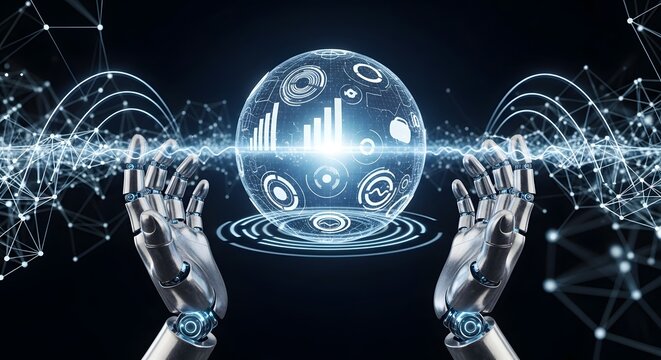 Robotic hands cradling a glowing digital earth with data streams, artificial intelligence concept.